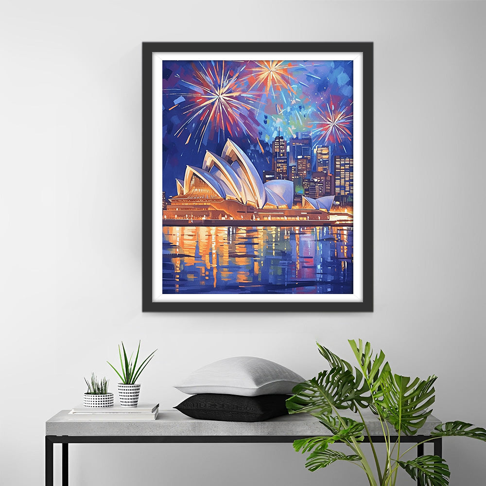 Sydney Opera House ’s Nachts met Vuurwerk Diamond Painting