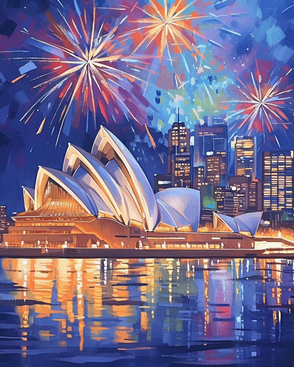 Sydney Opera House ’s Nachts met Vuurwerk Diamond Painting