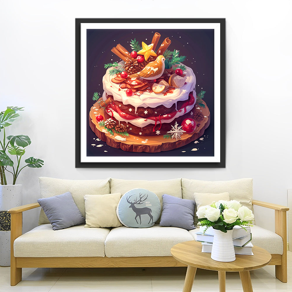 Taart met Vogeltje, Kerstkransjes, Kaneel en Rode Besjes Diamond Painting