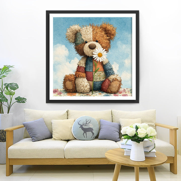 Teddybeer en Witte Madelief Diamond Painting
