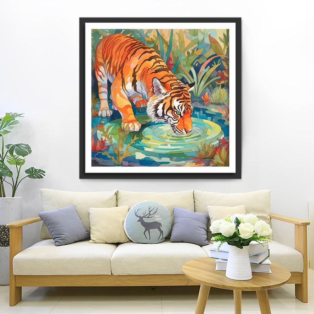 Tijger Drinkt Water in het Bos Diamond Painting