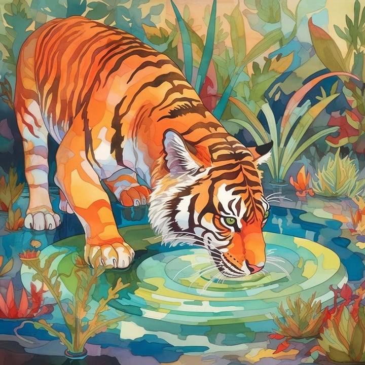 Tijger Drinkt Water in het Bos Diamond Painting