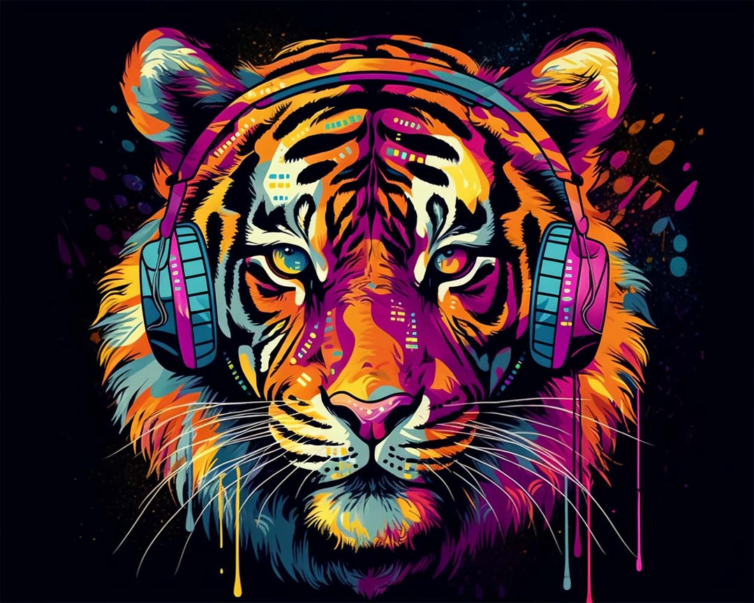 Tijger met Koptelefoon Diamond Painting