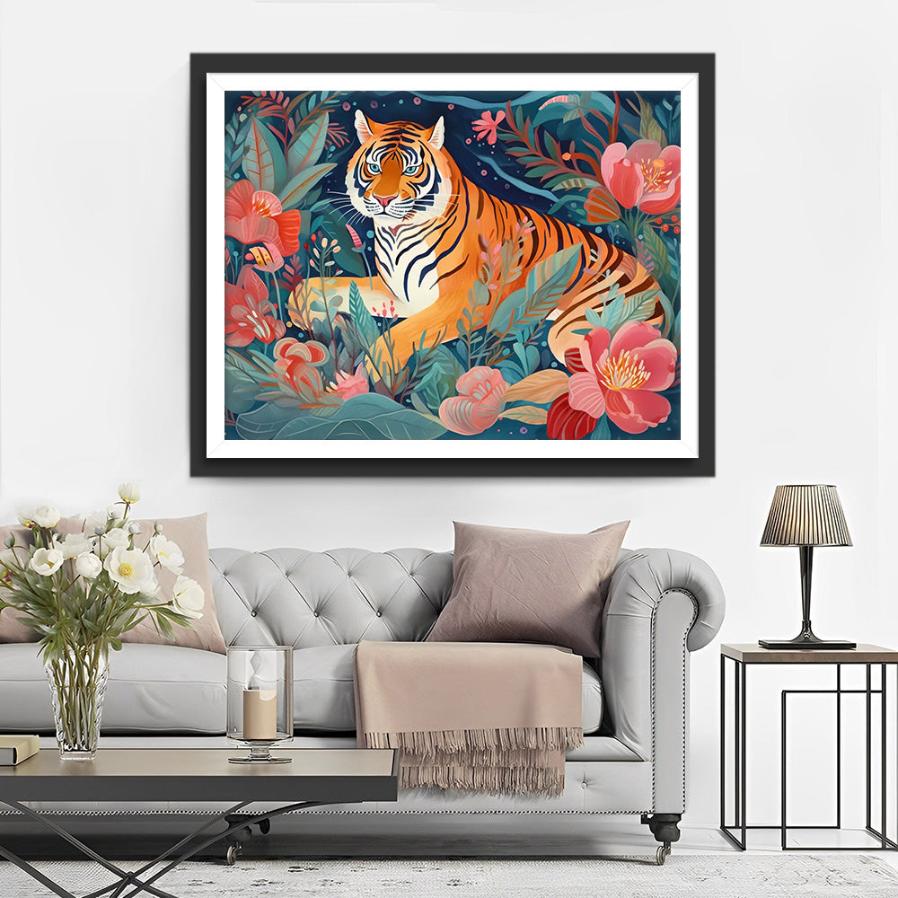 Tijger tussen Roze Bloemen Diamond Painting