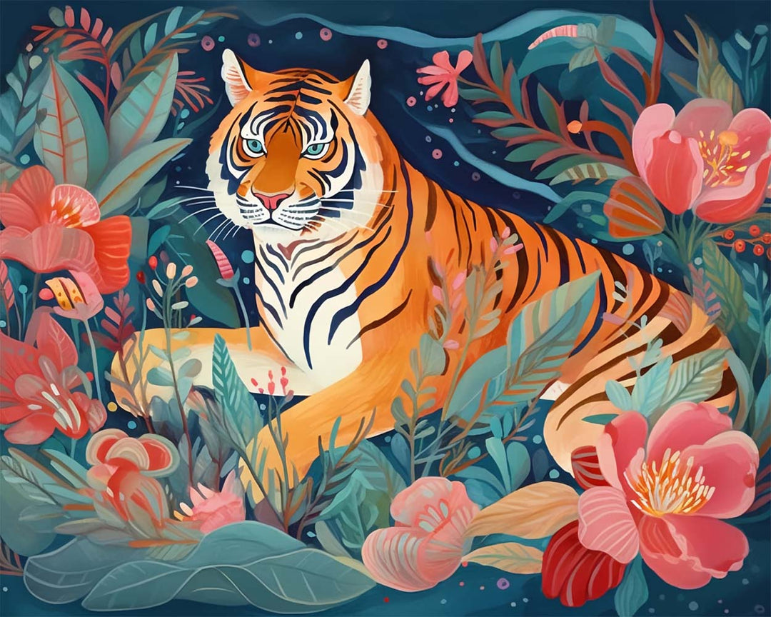 Tijger tussen Roze Bloemen Diamond Painting