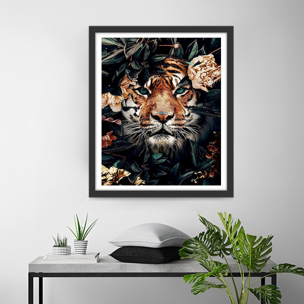 Tijger Verborgen in de Bloemen Diamond Painting