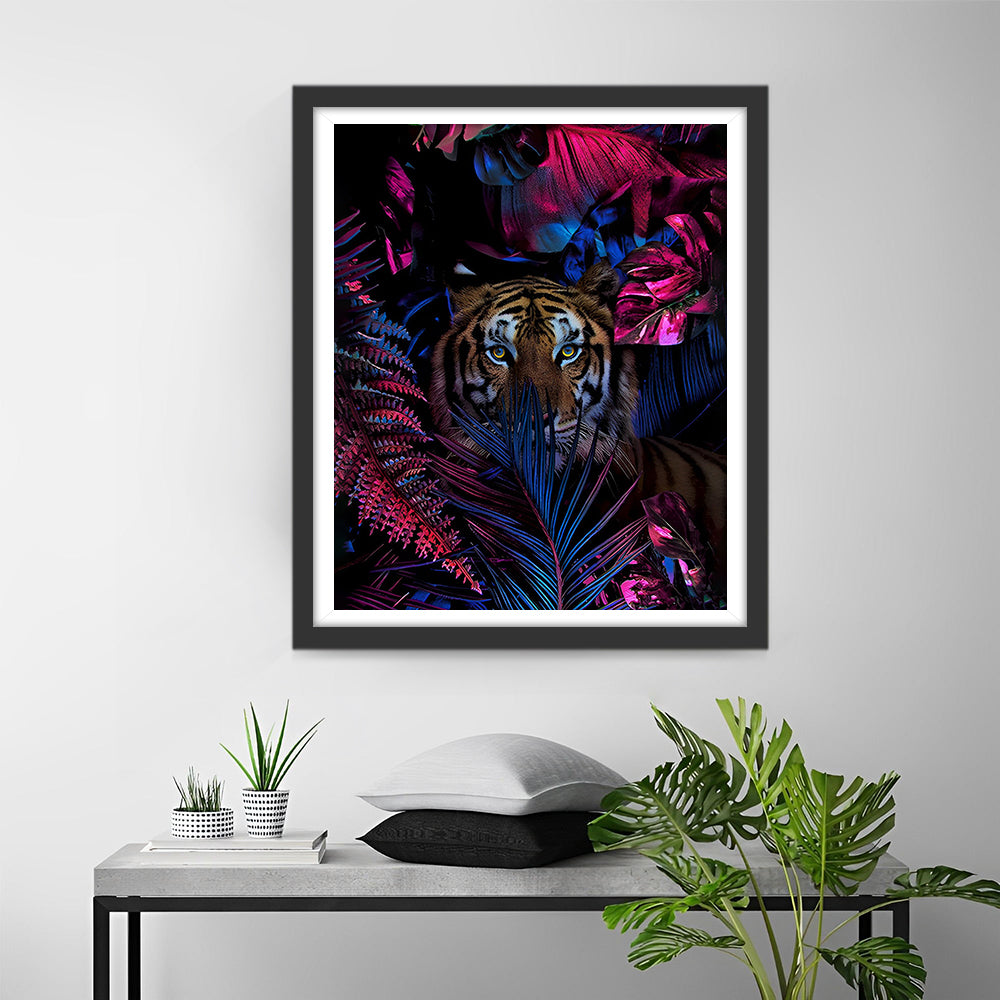 Tijger Verborgen in de Rode Bladeren Diamond Painting