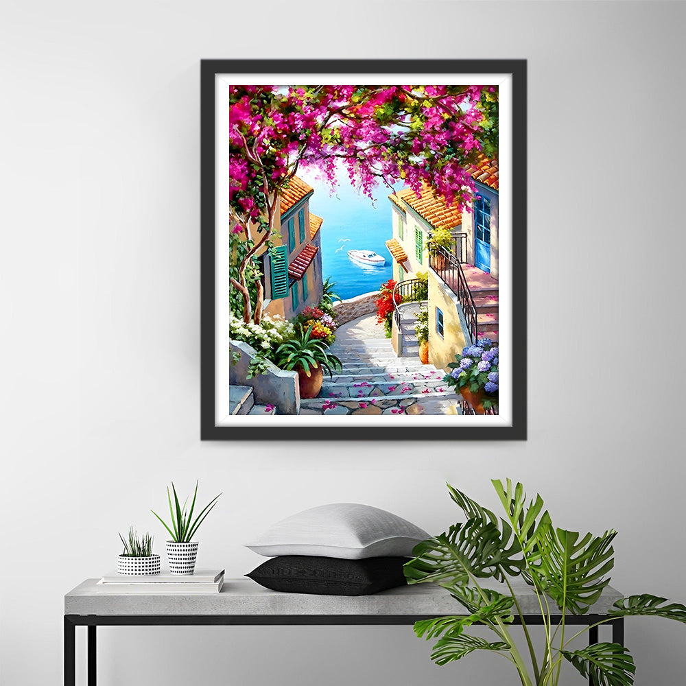 Trappen en Bloesemboom in Kustplaats Diamond Painting