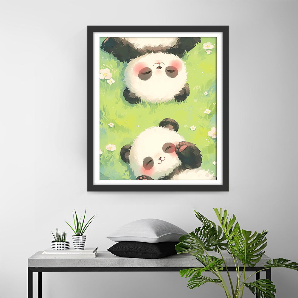 Twee Babypanda's Liggend op het Gras Diamond Painting