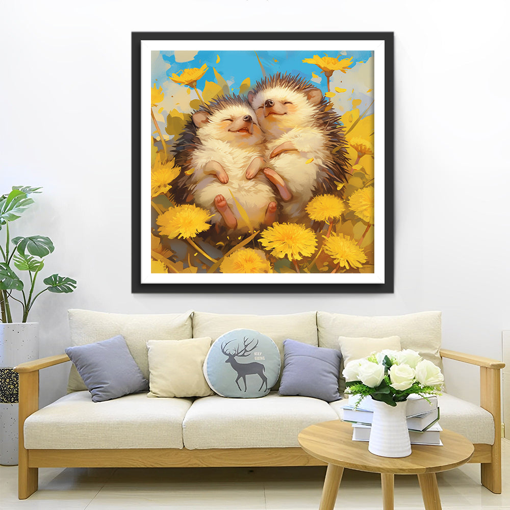 Twee Blije Egeltjes in de Chrysanten Diamond Painting
