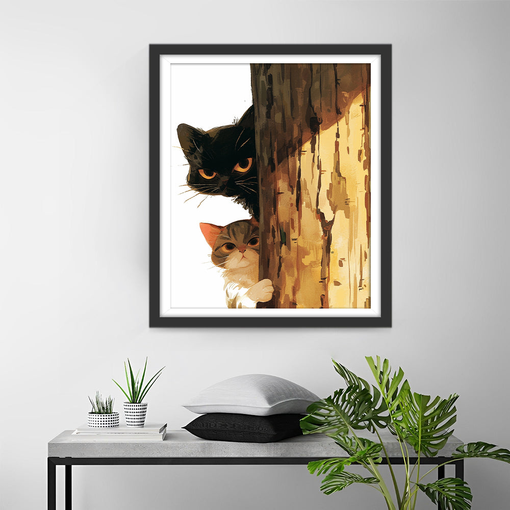 Twee Katjes Spelend Verstoppertje bij Boom Diamond Painting