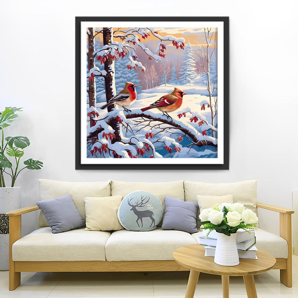 Twee Kleine Vogels op een Besneeuwde Tak Diamond Painting