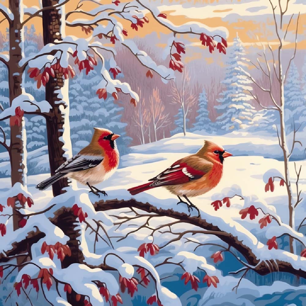 Twee Kleine Vogels op een Besneeuwde Tak Diamond Painting