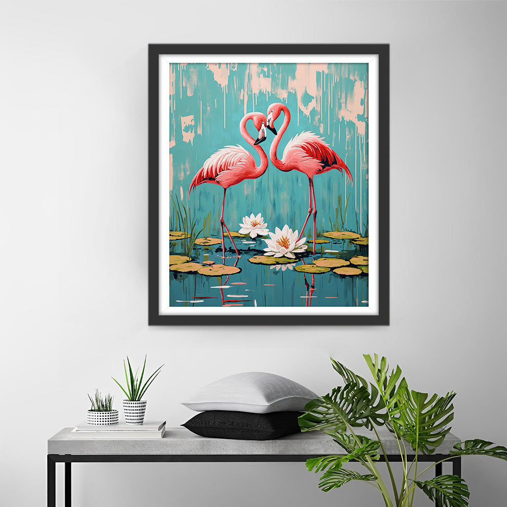 Twee Rode Flamingo's in Lotusvijver Diamond Painting