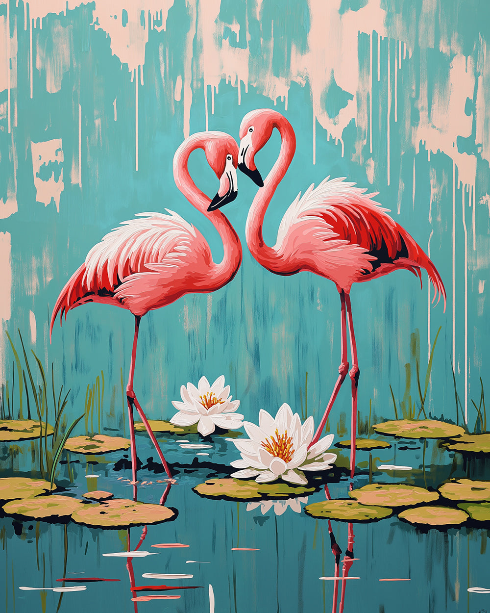 Twee Rode Flamingo's in Lotusvijver Diamond Painting