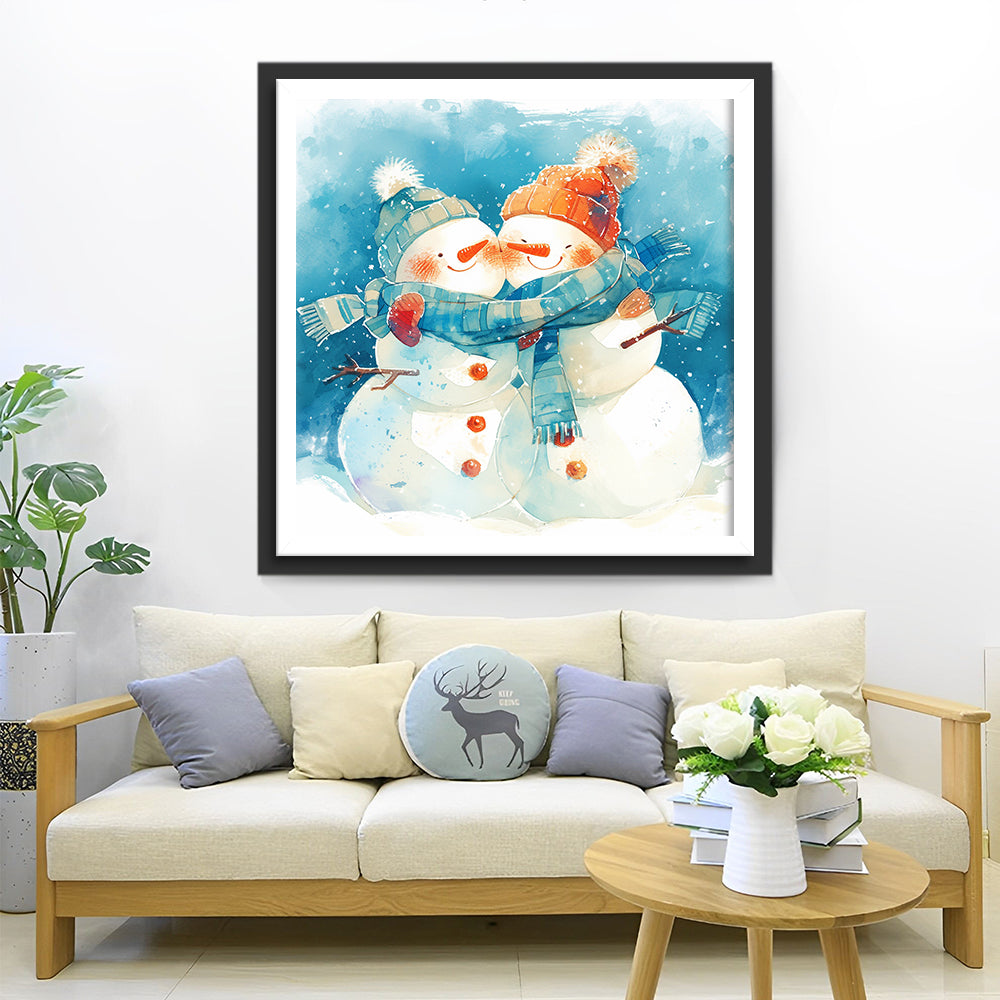 Twee Sneeuwpoppen die Elkaar Omhelzen in de Sneeuw Diamond Painting