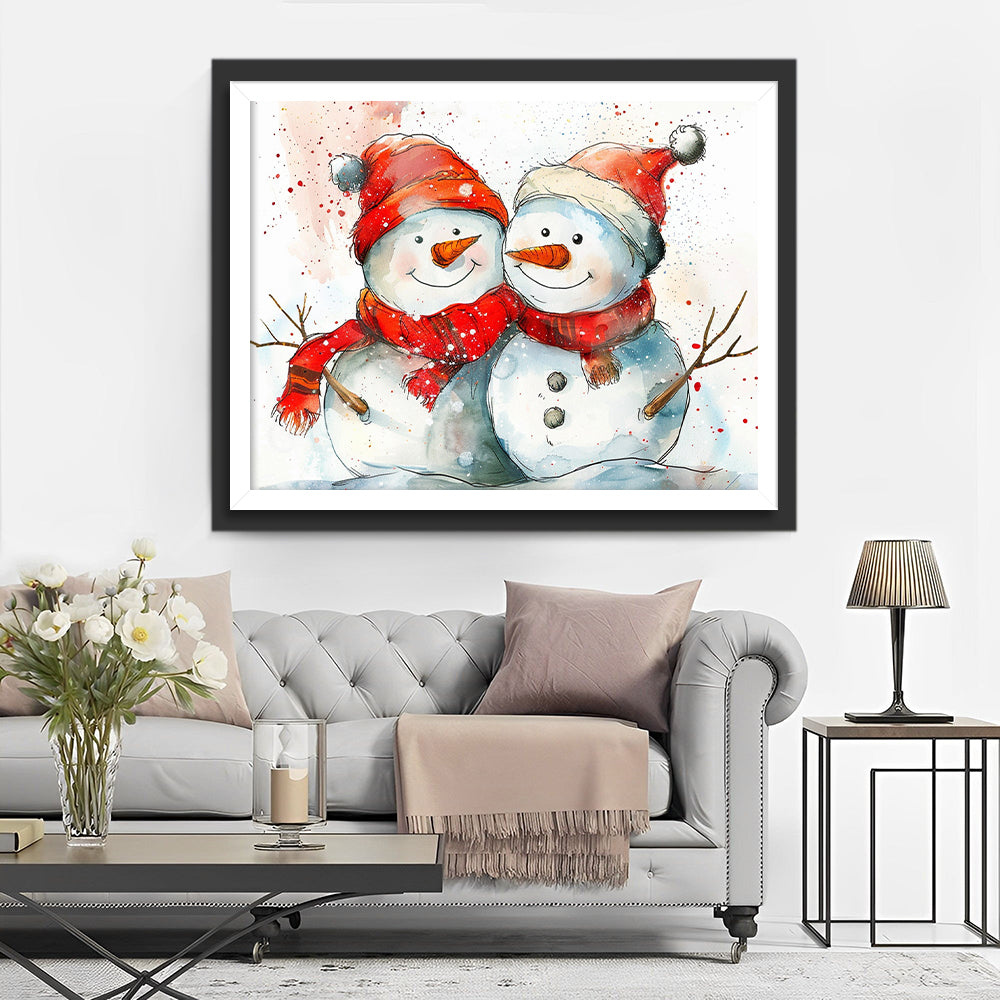 Twee Sneeuwpoppen met Rode Muts en Sjaal Diamond Painting