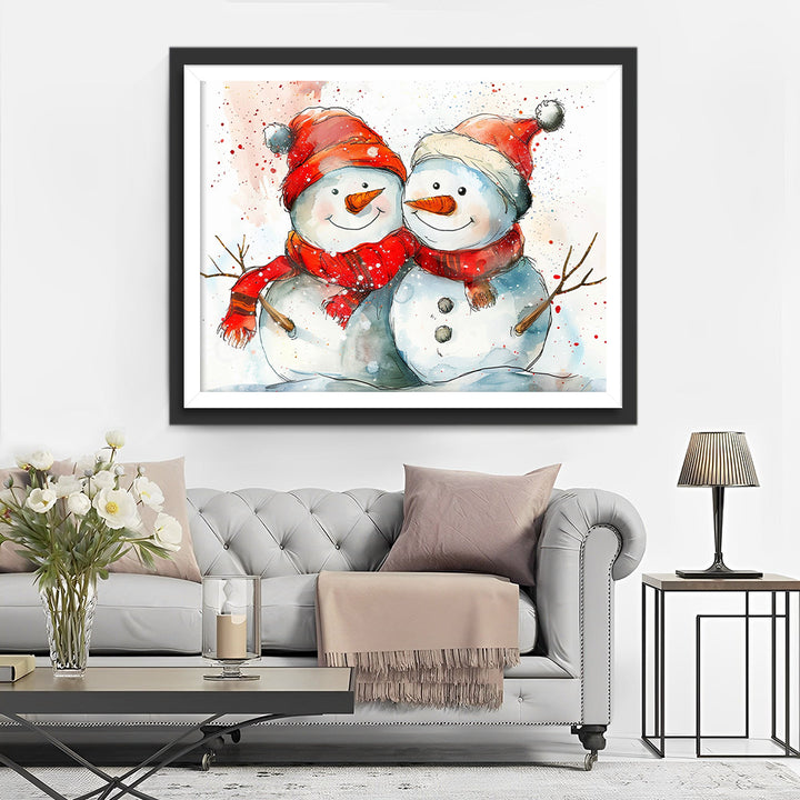 Twee Sneeuwpoppen met Rode Muts en Sjaal Diamond Painting