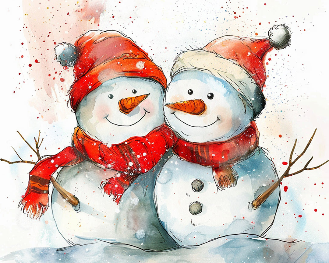 Twee Sneeuwpoppen met Rode Muts en Sjaal Diamond Painting