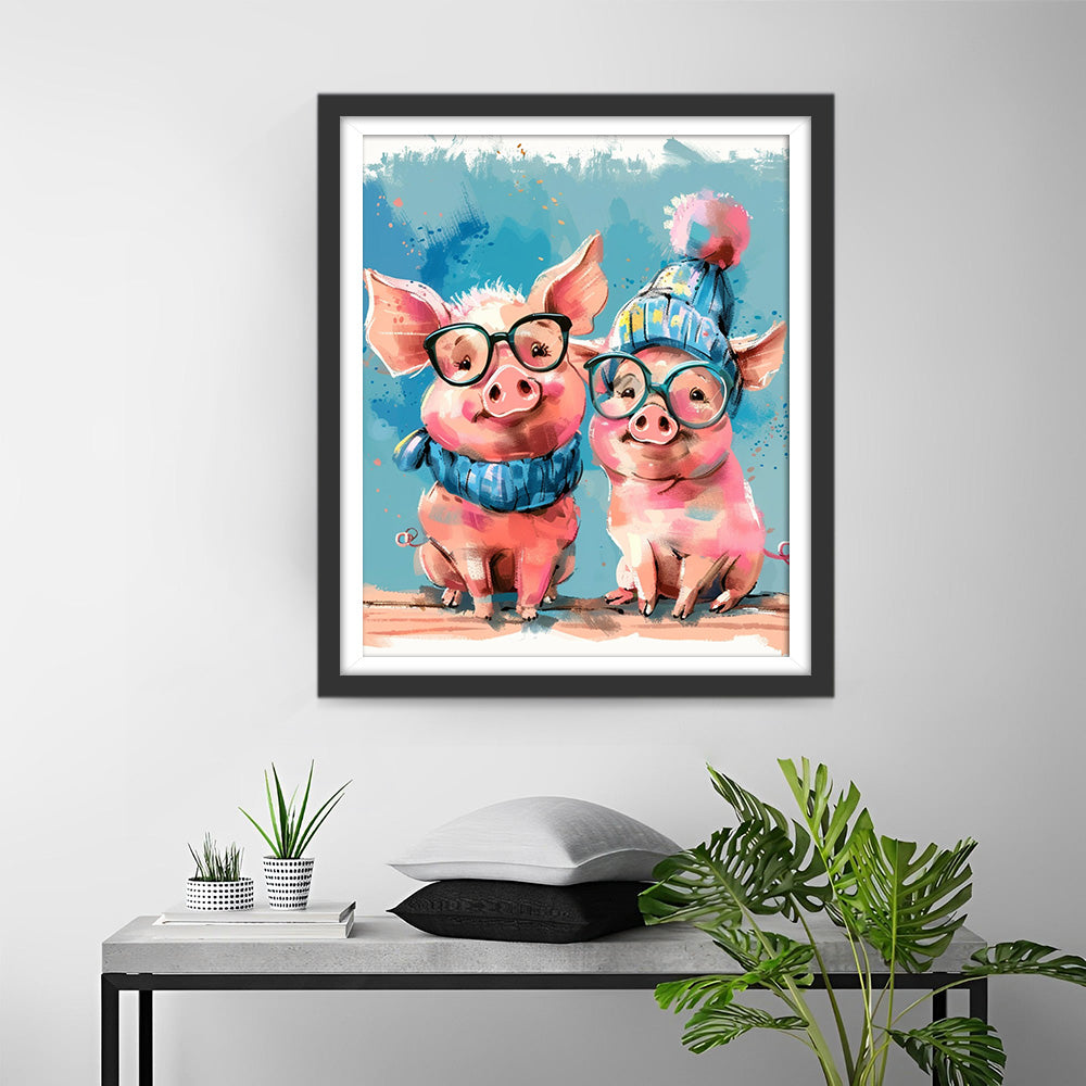 Twee Varkens met Bril Diamond Painting