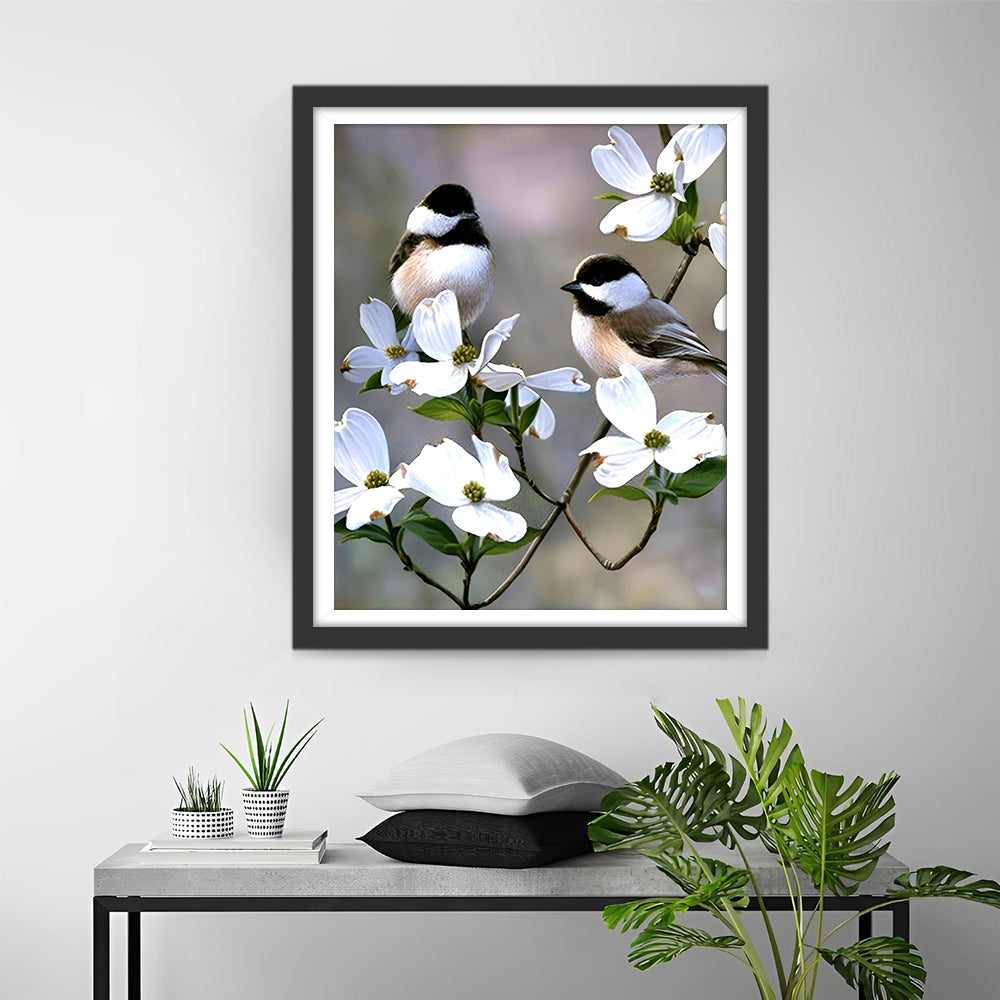 Twee Vogels op de Witte Bloesemtak Diamond Painting