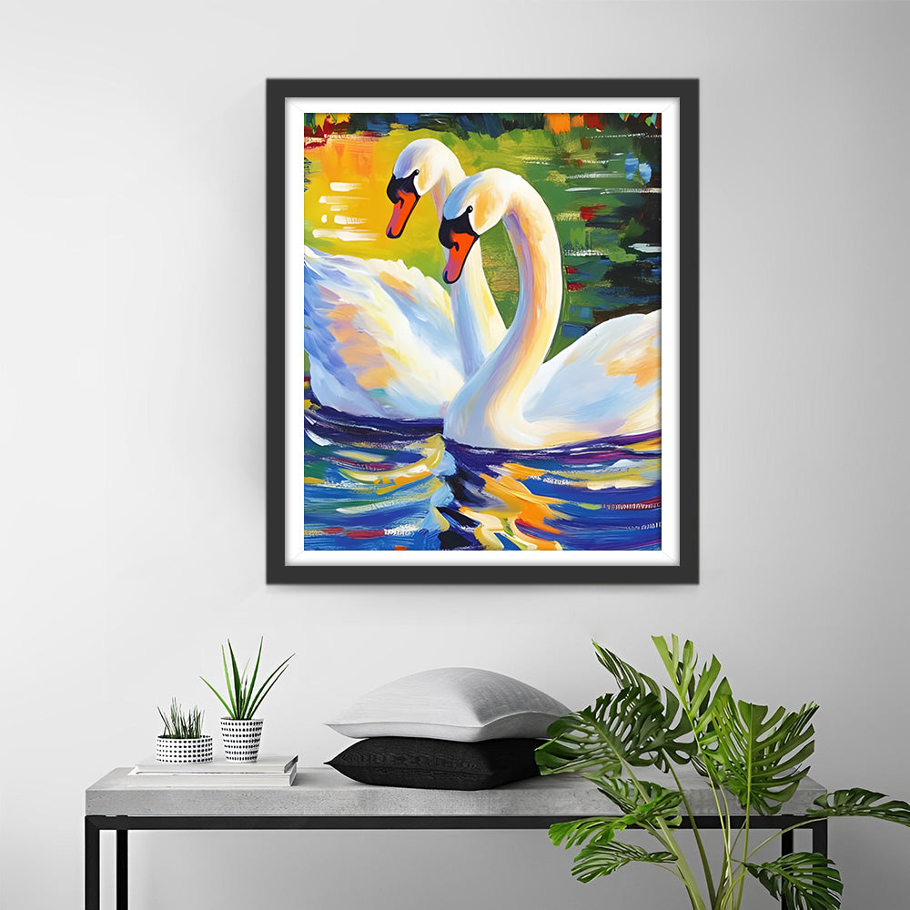 Twee Witte Zwanen in de Vijver Diamond Painting