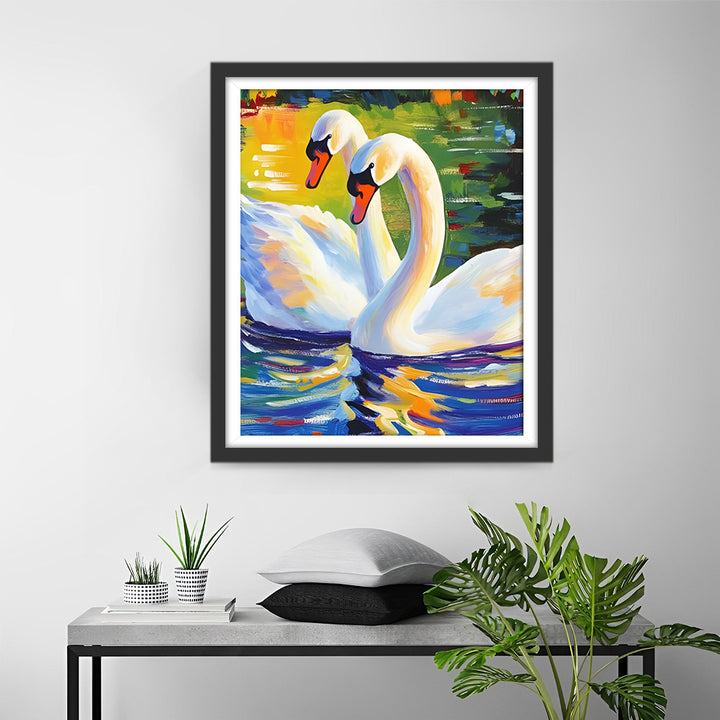 Twee Witte Zwanen in de Vijver Diamond Painting