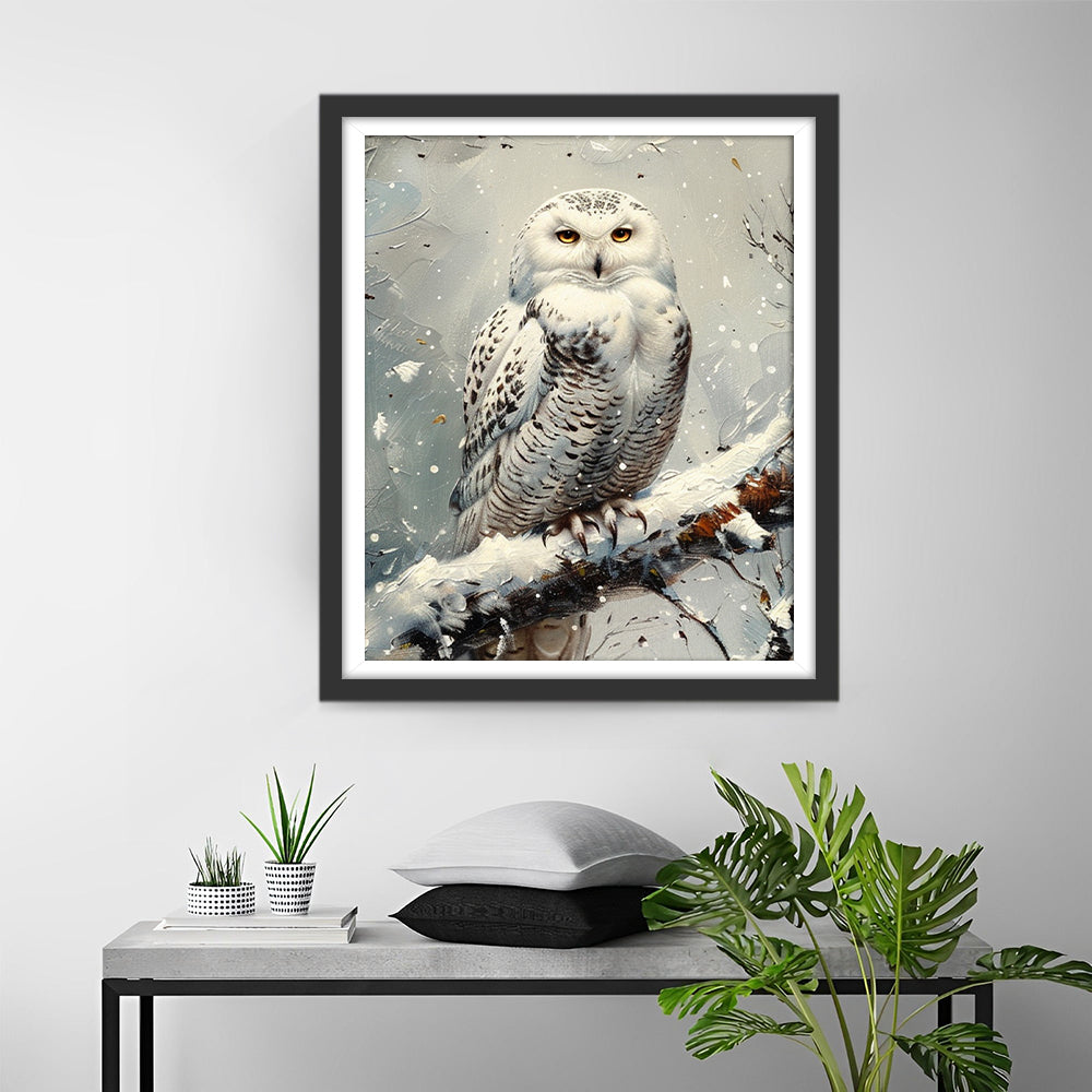 Uil in een Boom op een Besneeuwde Dag Diamond Painting