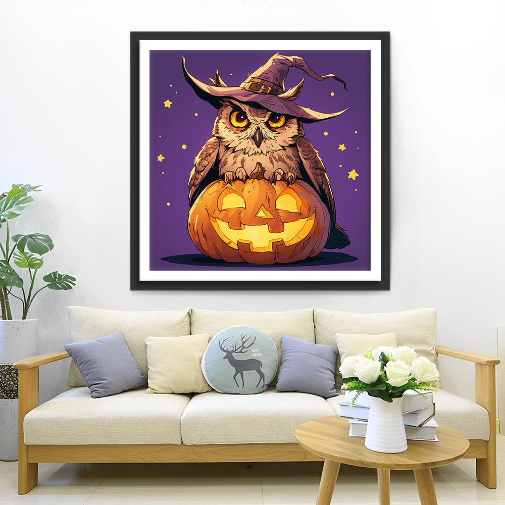 Uil met Heksenhoed op Pompoen Diamond Painting