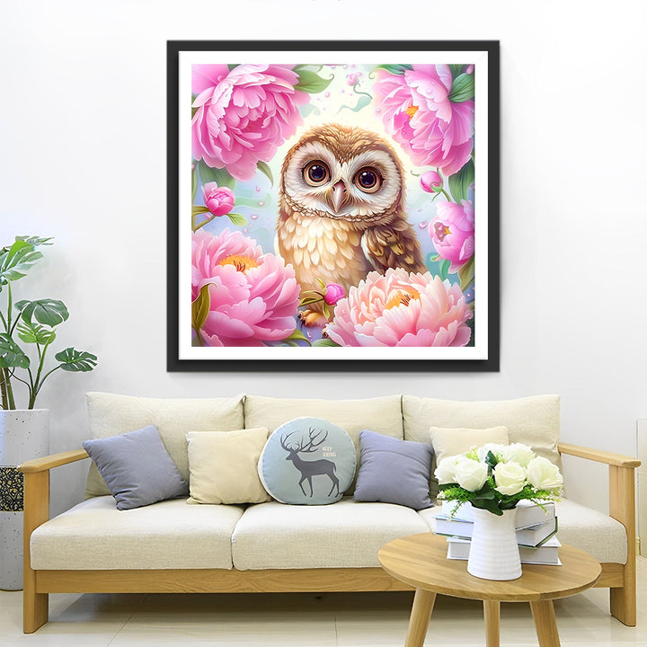 Uil Omringd door Pioenbloesems Diamond Painting