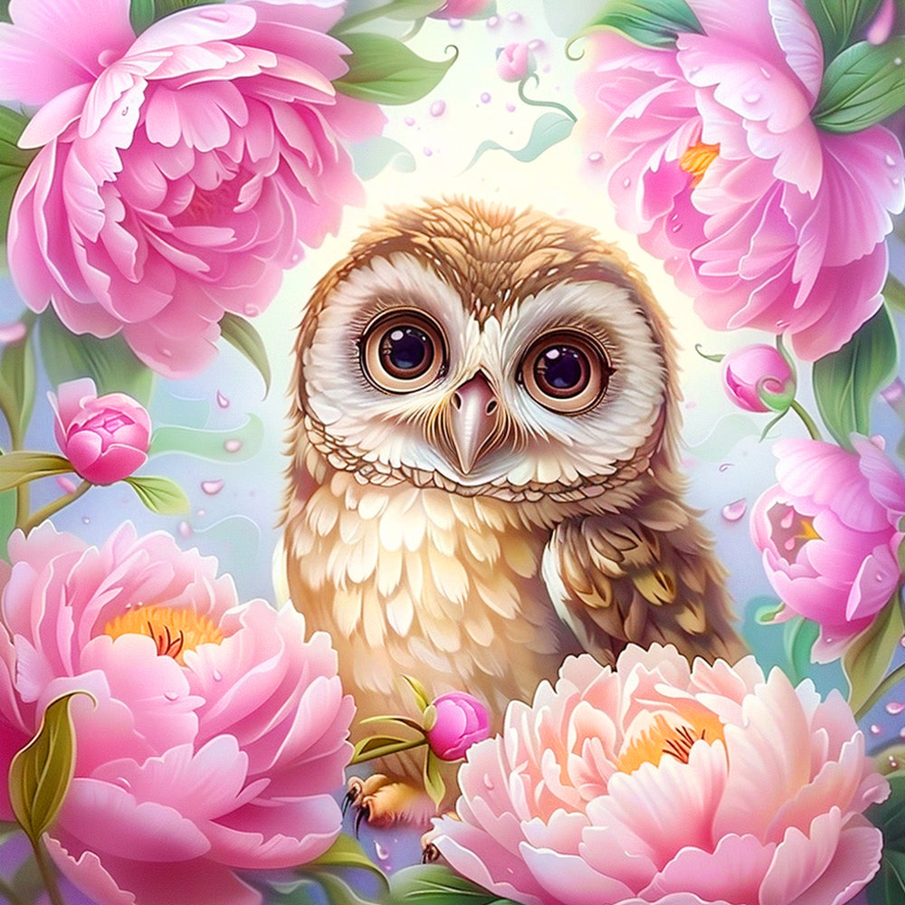 Uil Omringd door Pioenbloesems Diamond Painting
