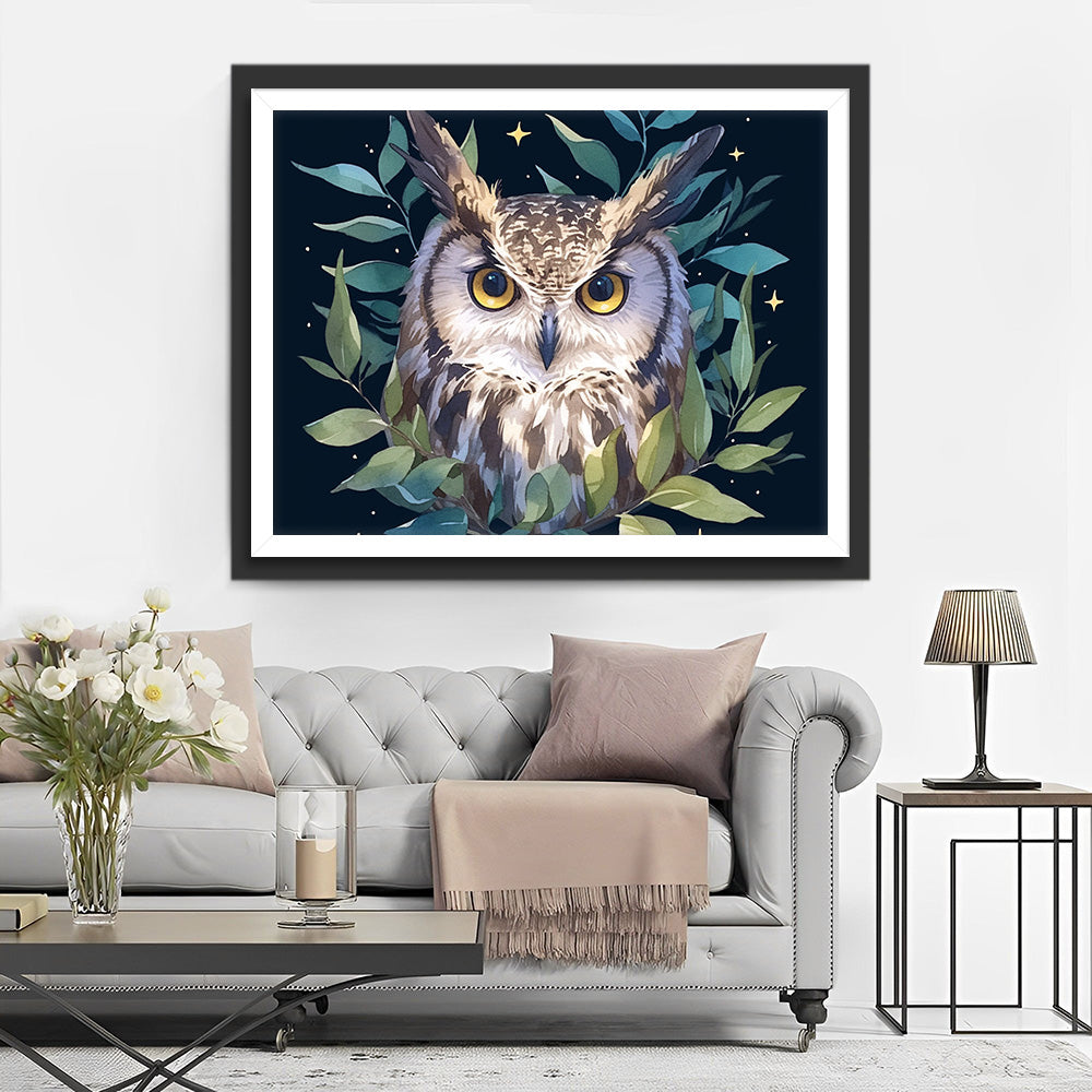 Uil tussen Groene Bladeren Diamond Painting