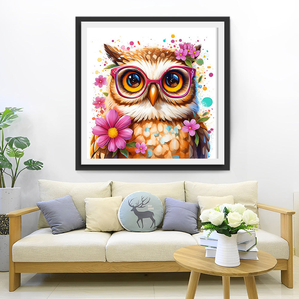 Uil Versierd met Bloemen Diamond Painting
