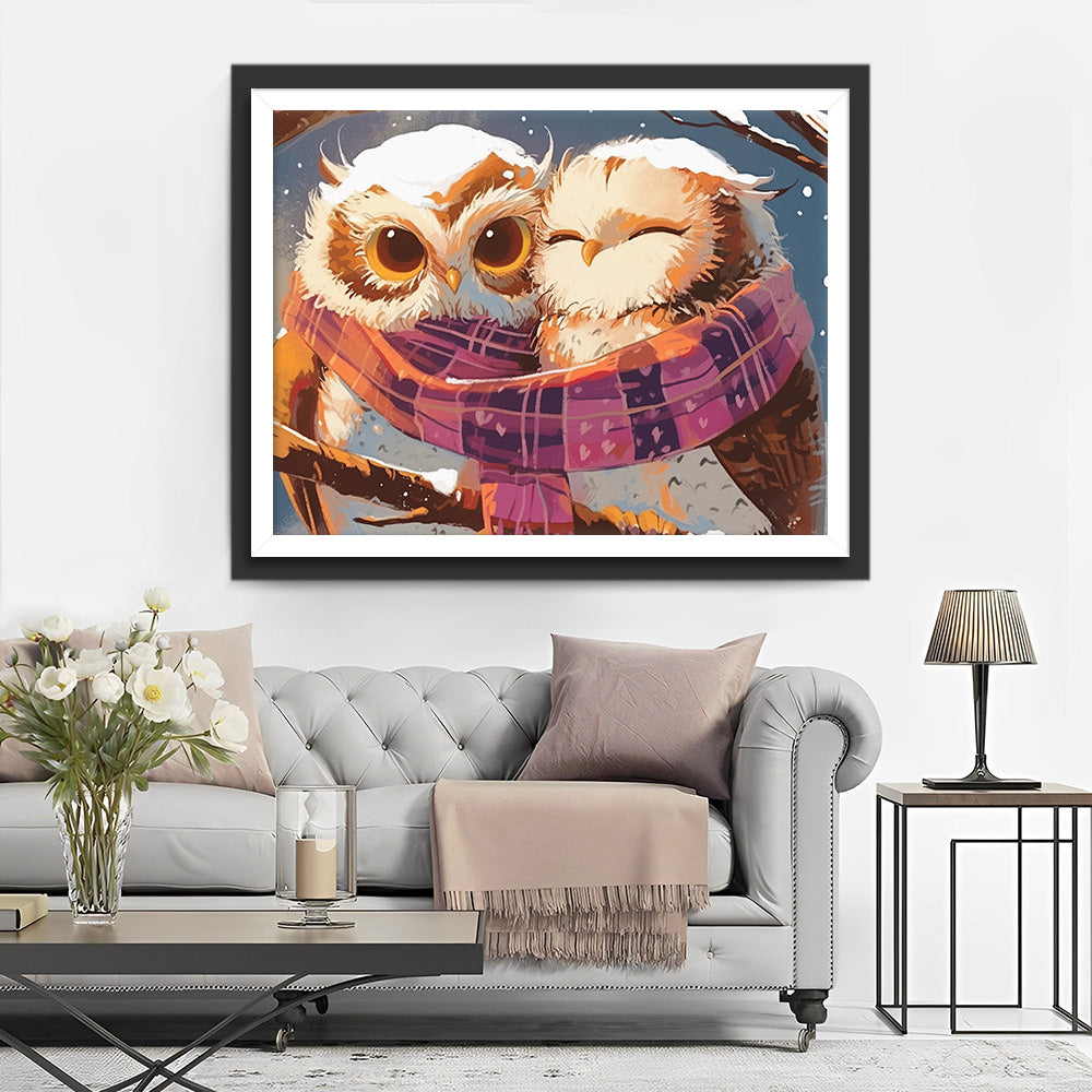 Uilen met Sjaals in de Sneeuw Diamond Painting