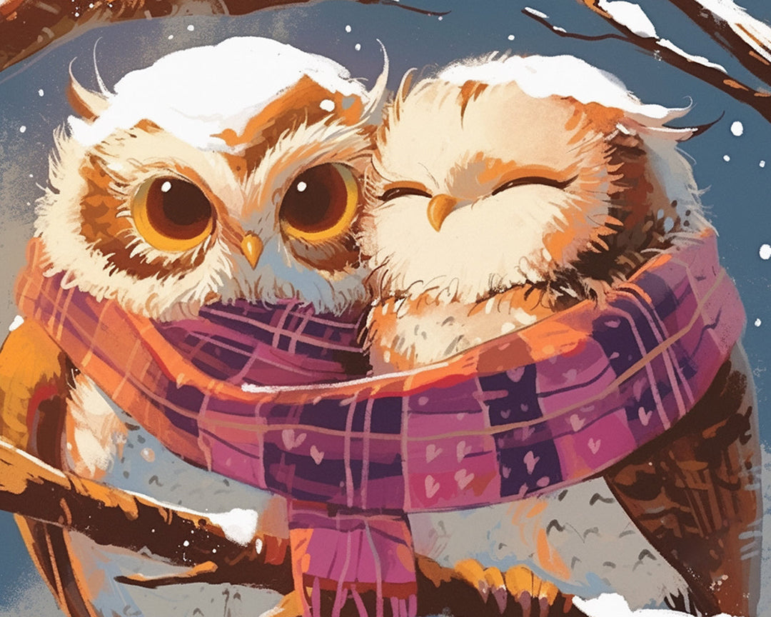 Uilen met Sjaals in de Sneeuw Diamond Painting
