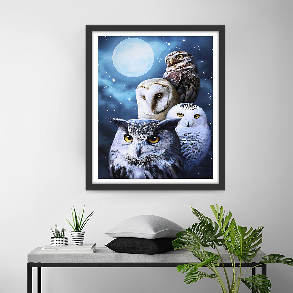 Uilenfamilie en Volle Maan Diamond Painting
