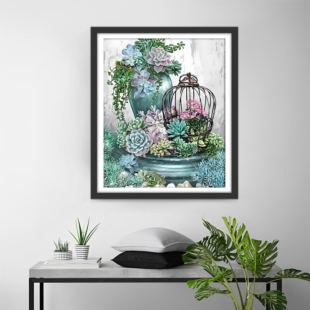 Vaas, Vogelkooi en Vetplant Diamond Painting