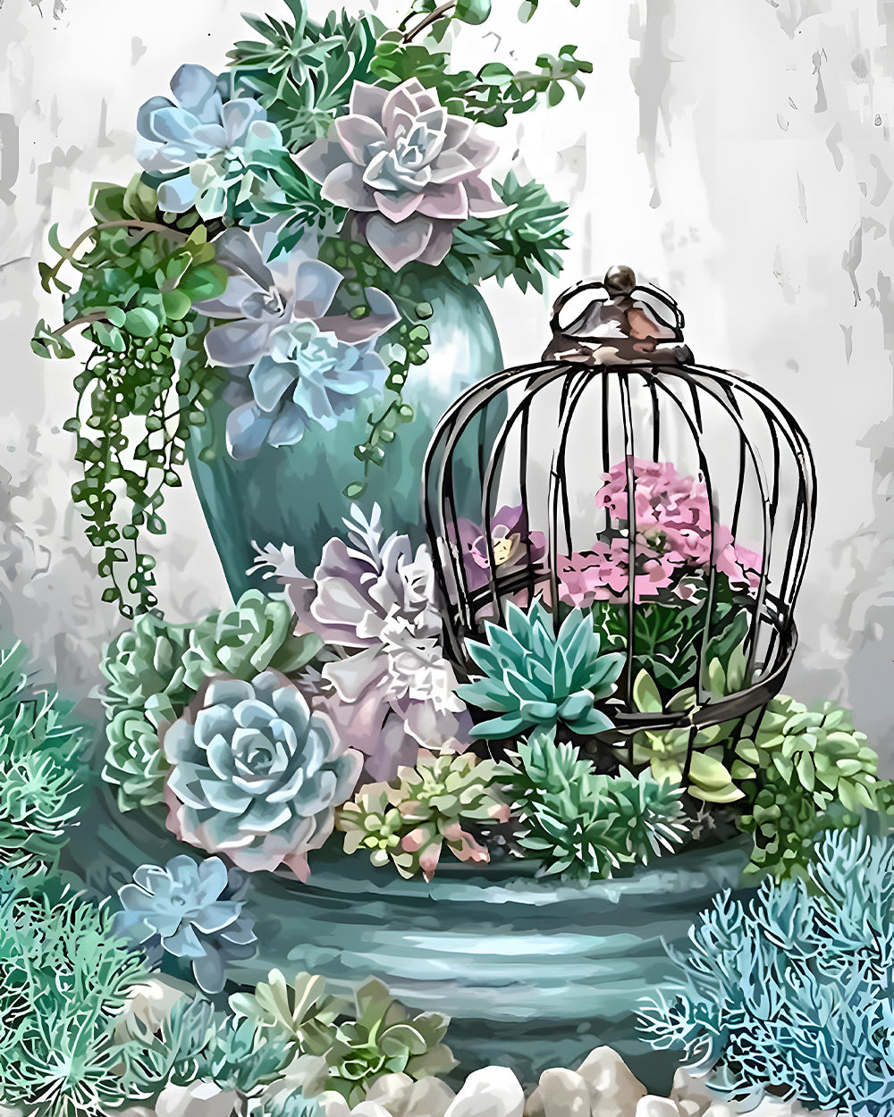 Vaas, Vogelkooi en Vetplant Diamond Painting