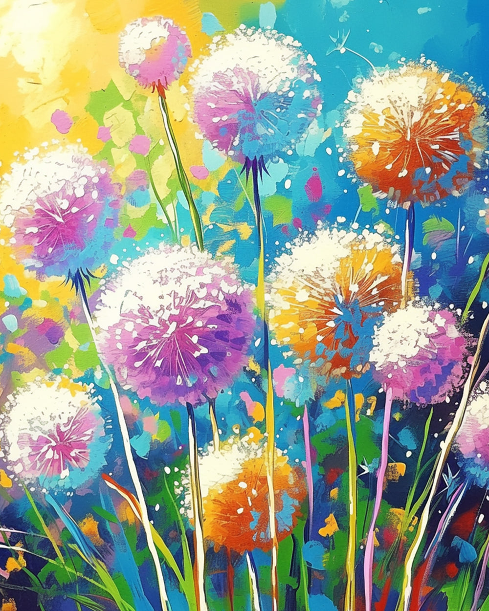 Veelkleurige Paardenbloemen in Veld Diamond Painting