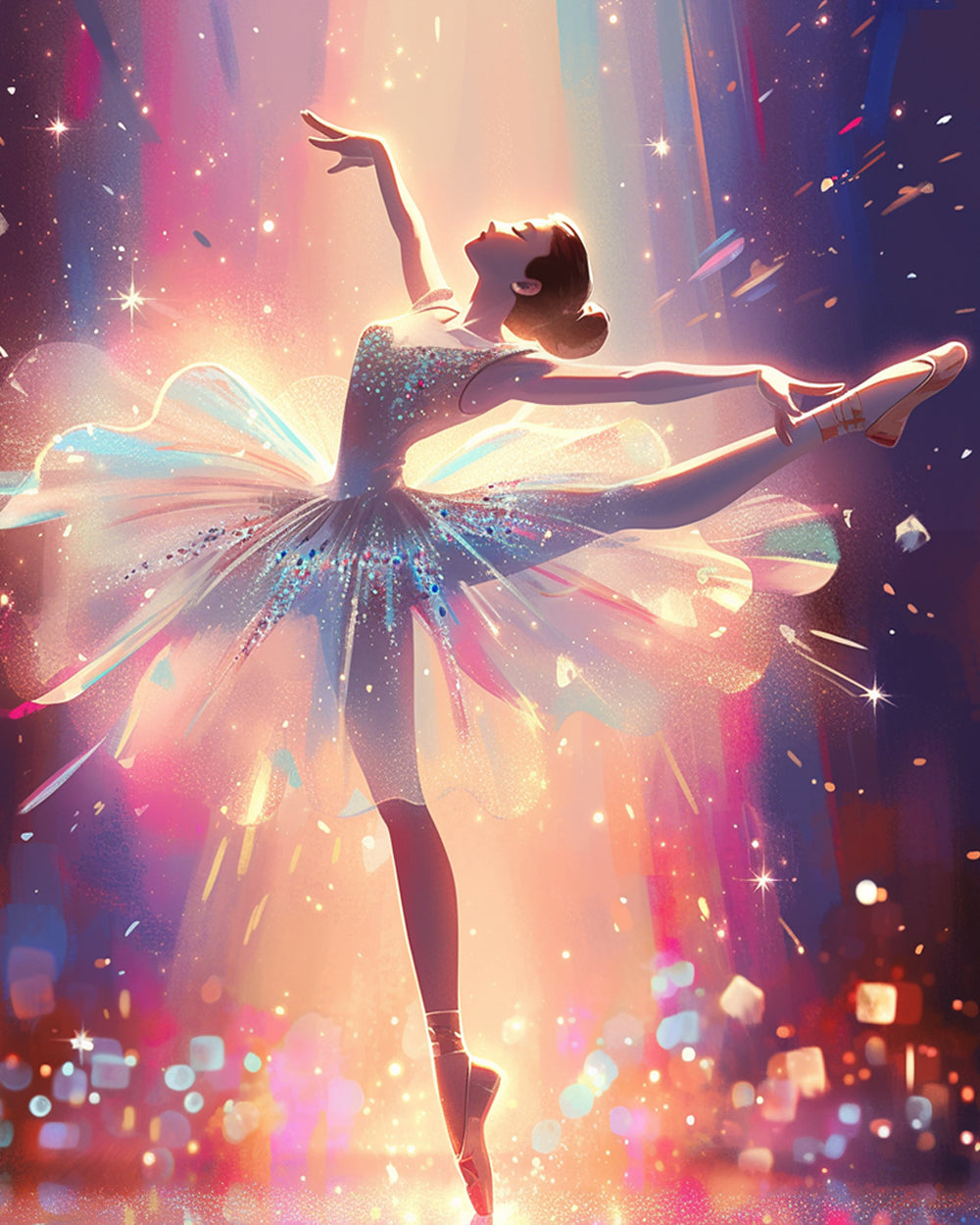 Verbluffende Ballerina in Kleurrijke Lichtexplosie Diamond Painting