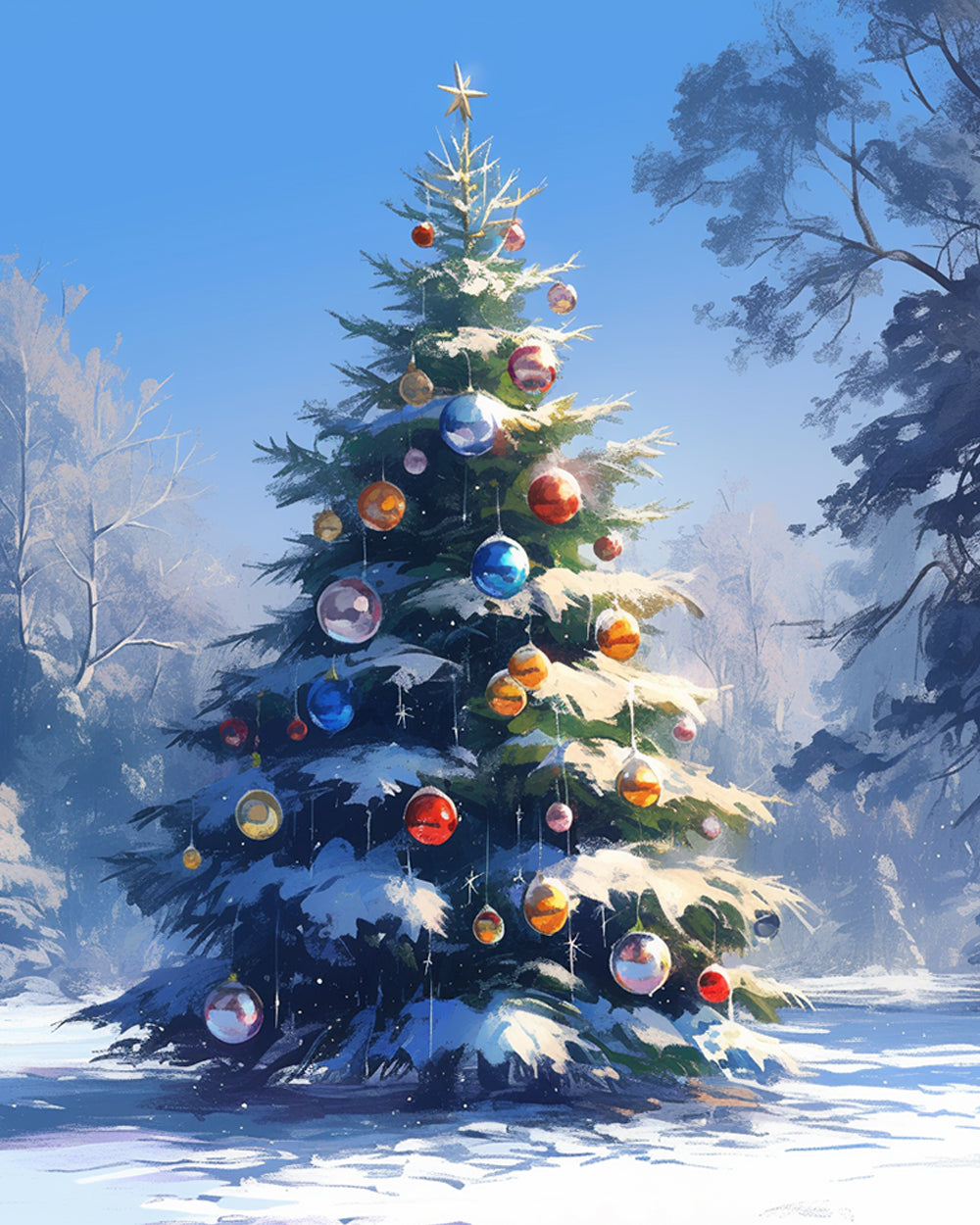 Versierde Boom in de Sneeuw Diamond Painting