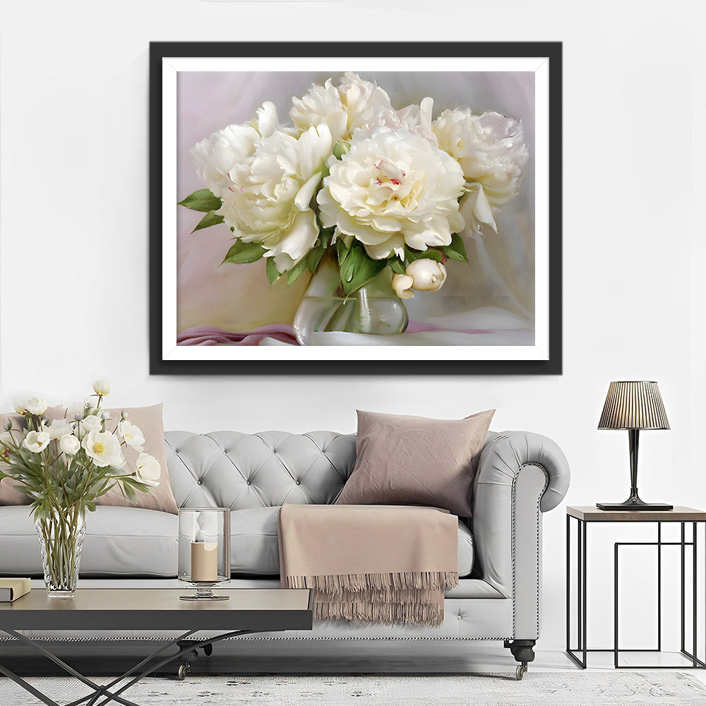 Vier Pure Bloemen in Glazen Vaas Diamond Painting