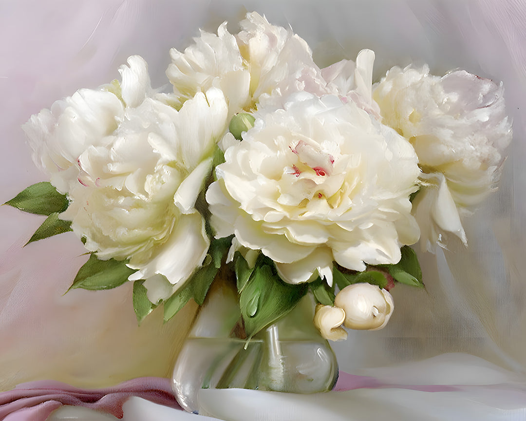Vier Pure Bloemen in Glazen Vaas Diamond Painting