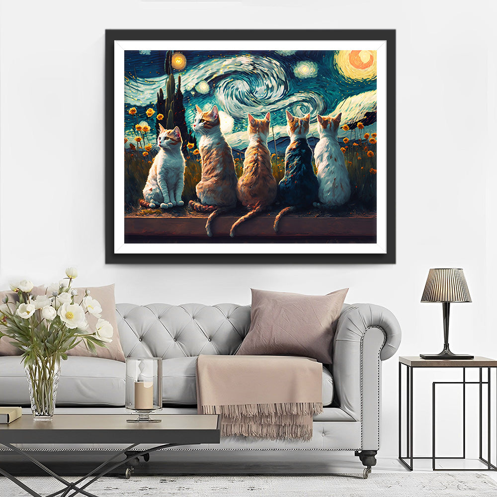 Vijf Katten onder de Sterrenhemel Diamond Painting