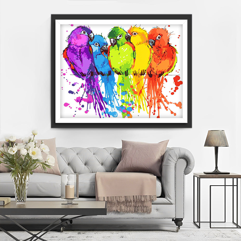 Vijf Kleurrijke Papegaaien Diamond Painting