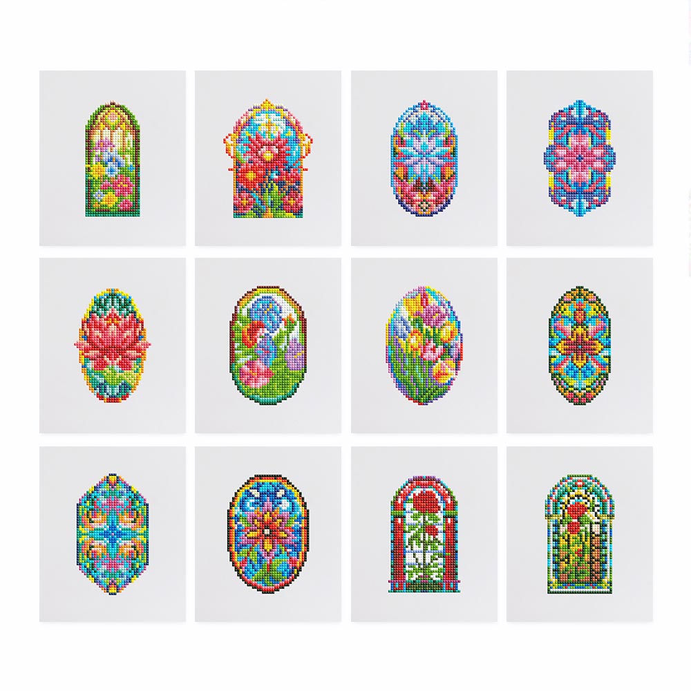 Vintage Gebrandschilderde Bloemenramen 12 Stuks – Mini Diamond Painting Set