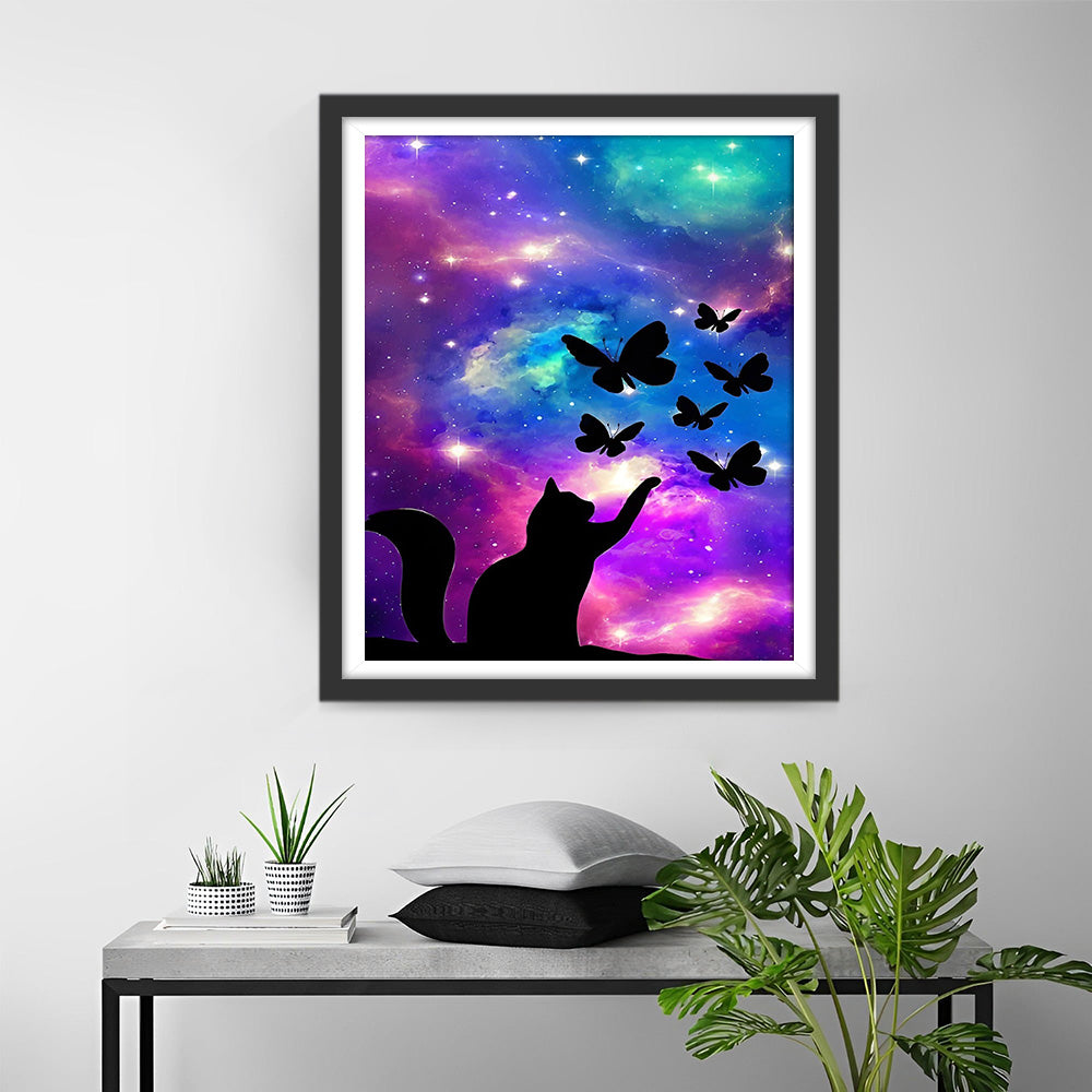 Vlinder en Kat onder de Paarse Sterrenhemel Diamond Painting