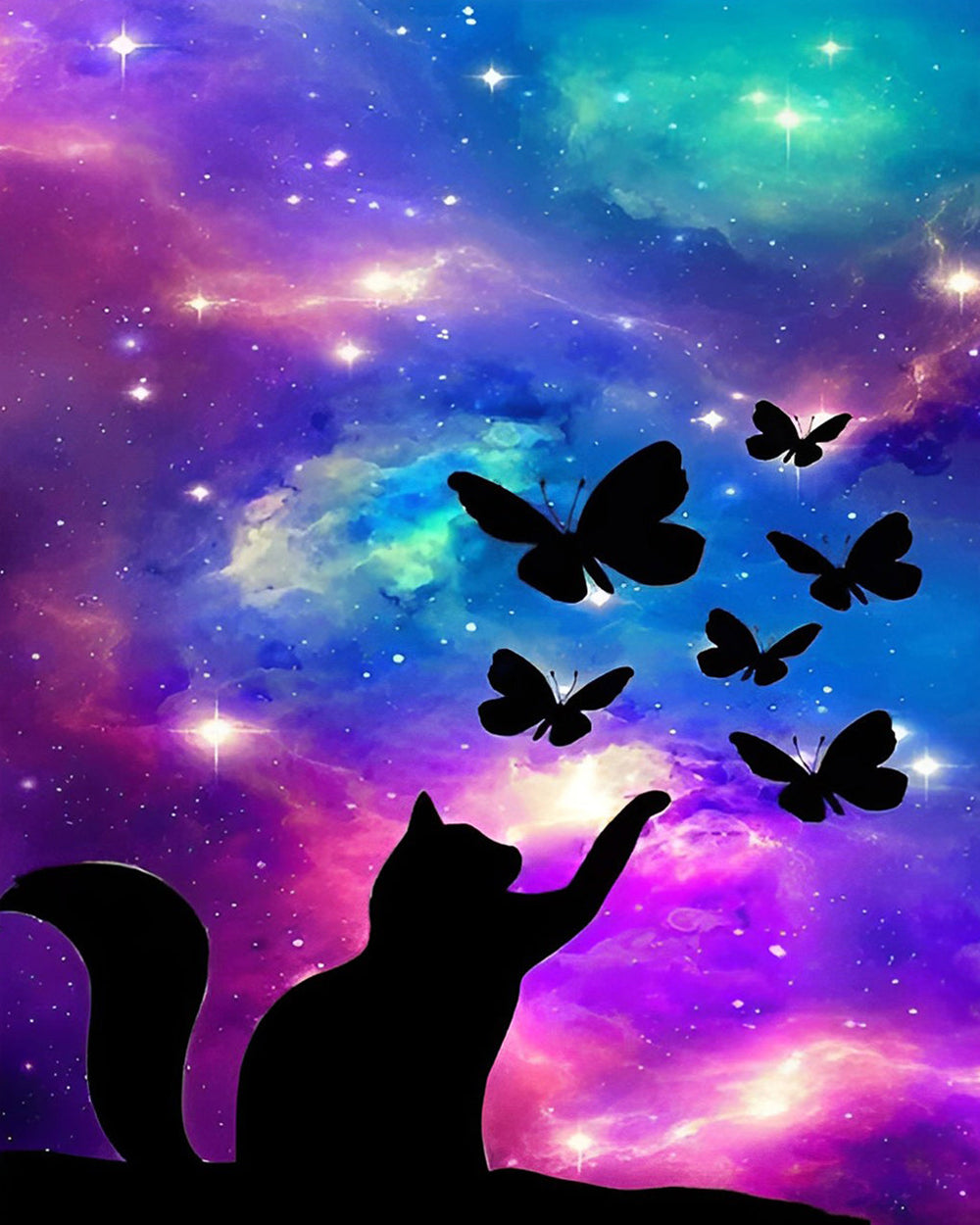 Vlinder en Kat onder de Paarse Sterrenhemel Diamond Painting