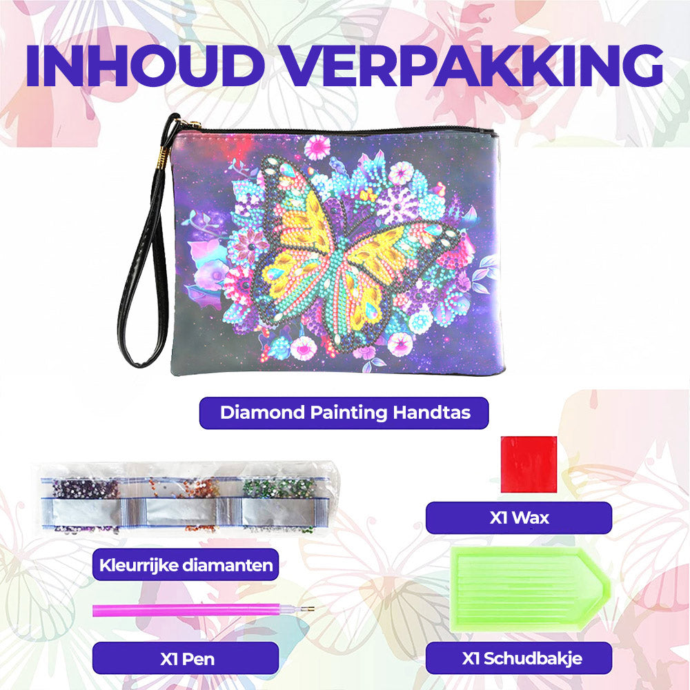 Vlinder en Paarse Bloemen Diamond Painting Polstas