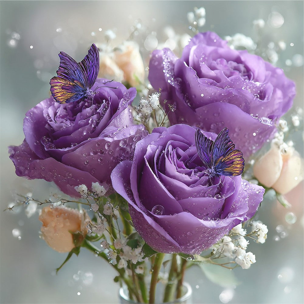 Vlinders op de Paarse Rozen Diamond Painting